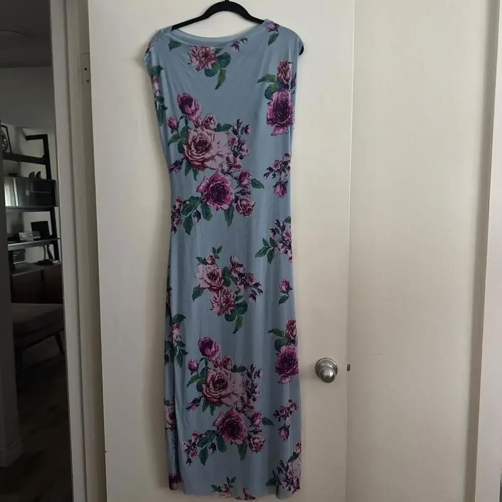 Free People Light Blue Floral Sleeveless Maxi Dress with Purple Roses